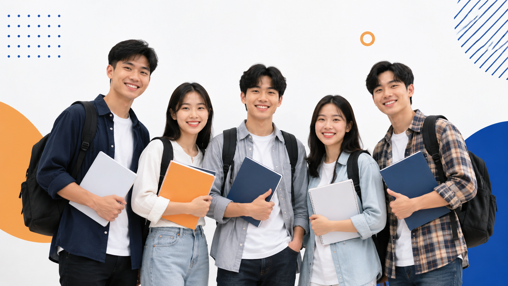 Nhóm sinh viên trẻ vui tươi cầm tập sách, phong cách giáo dục
